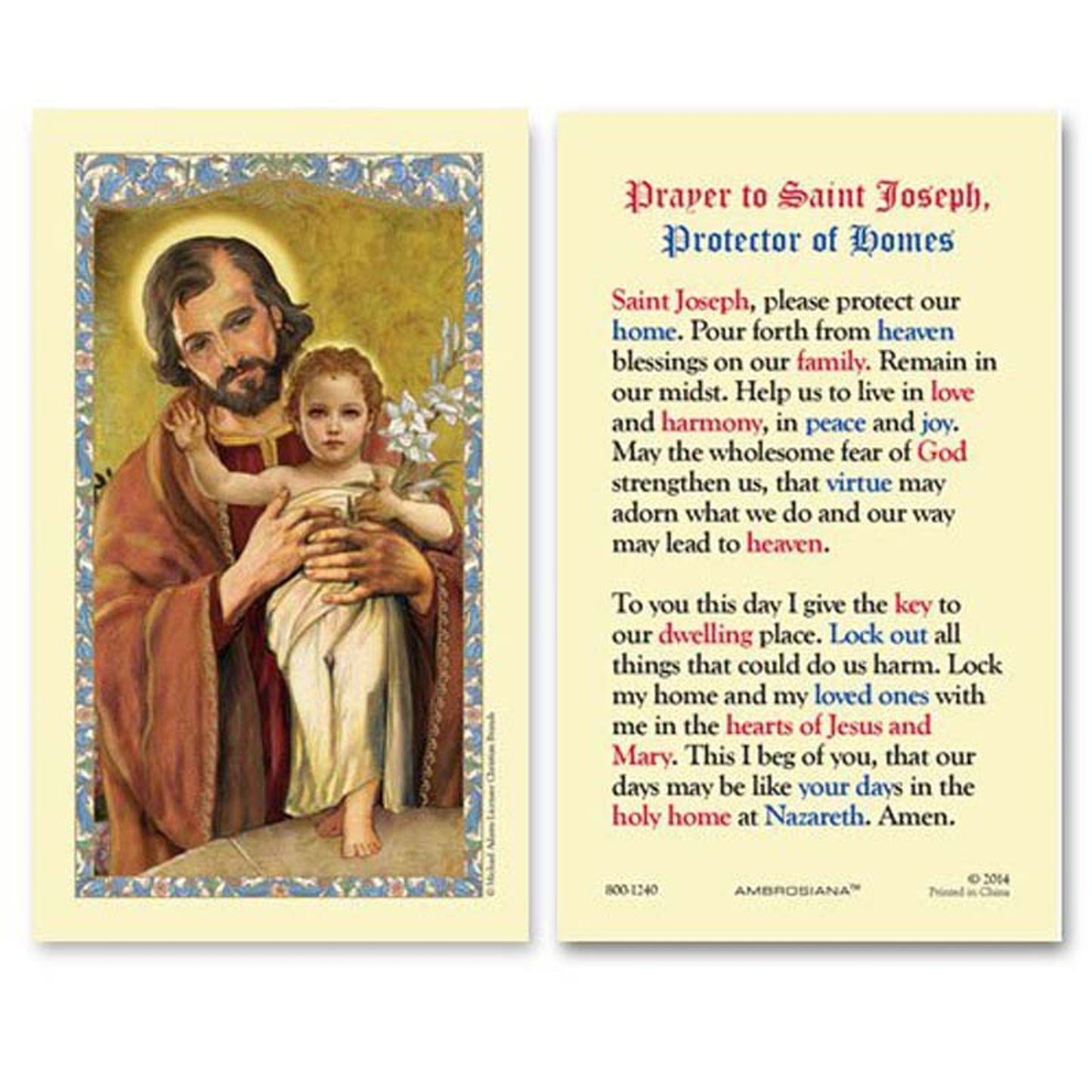 Saint Joseph and Child, Protector of Homes Laminated Holy Card - 25/PK