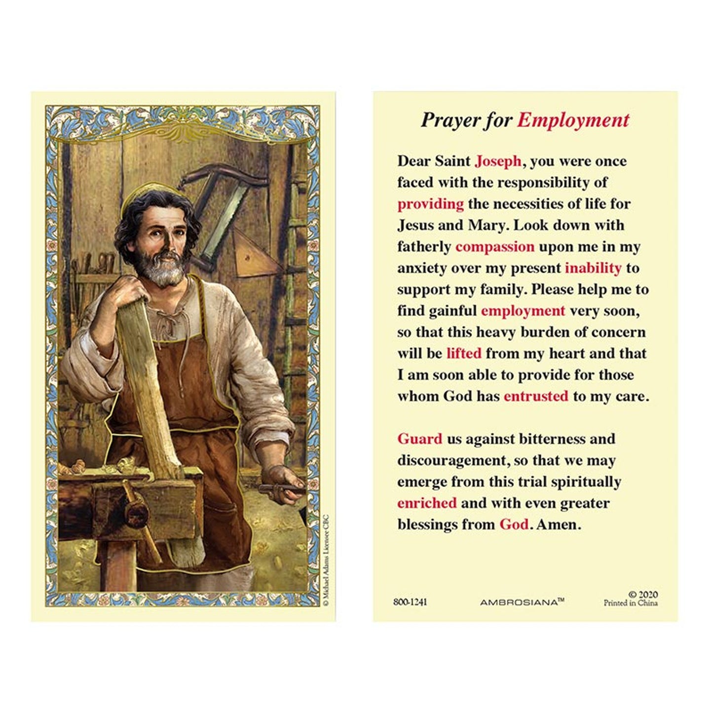 Saint Joseph the Worker Laminated Holy Card - 25/PK