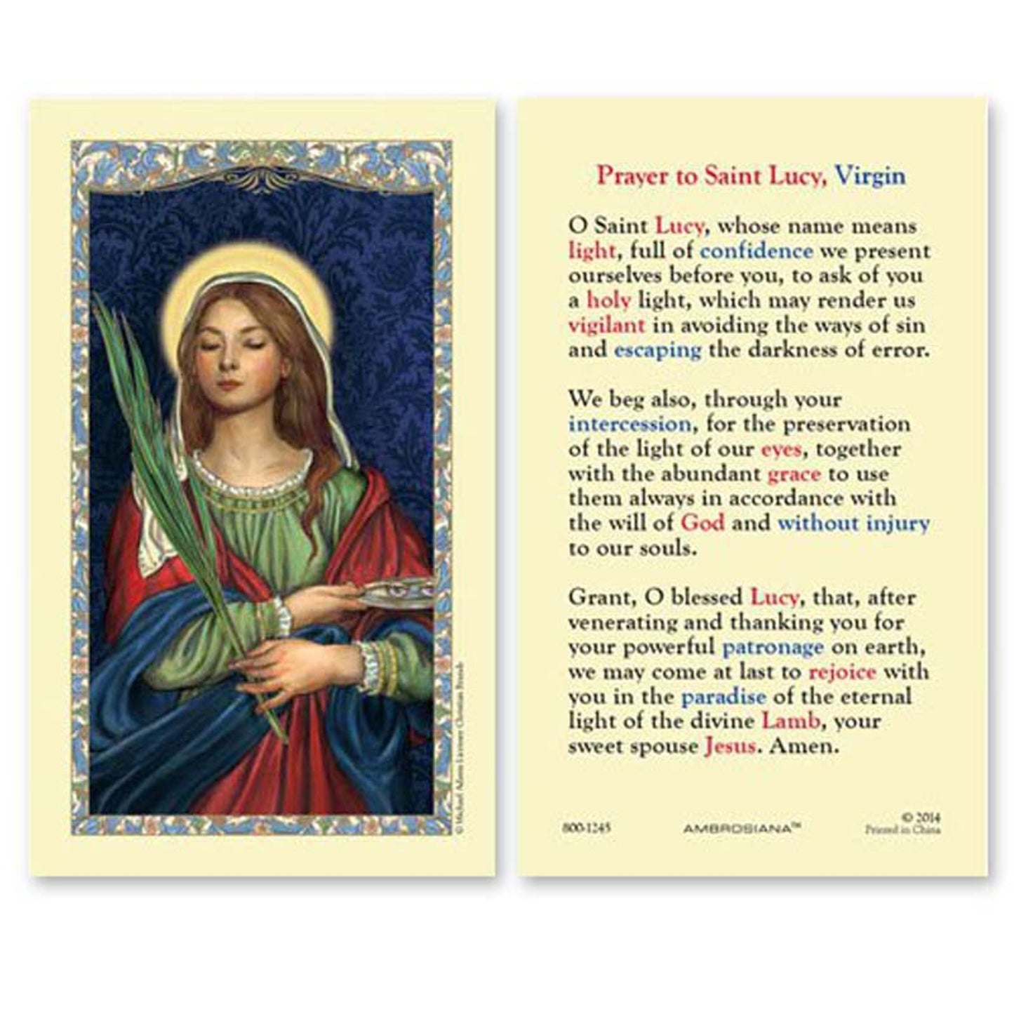Saint Lucy Prayer Laminated Holy Card