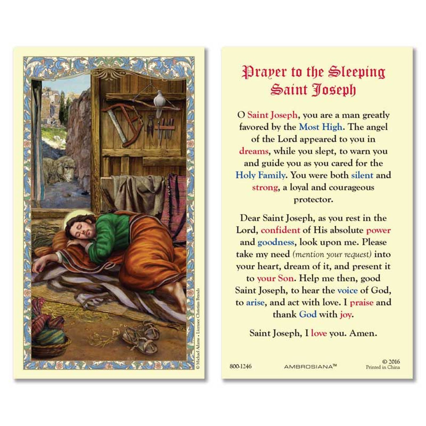 Sleeping Saint Joseph Laminated Holy Card - 25/PK