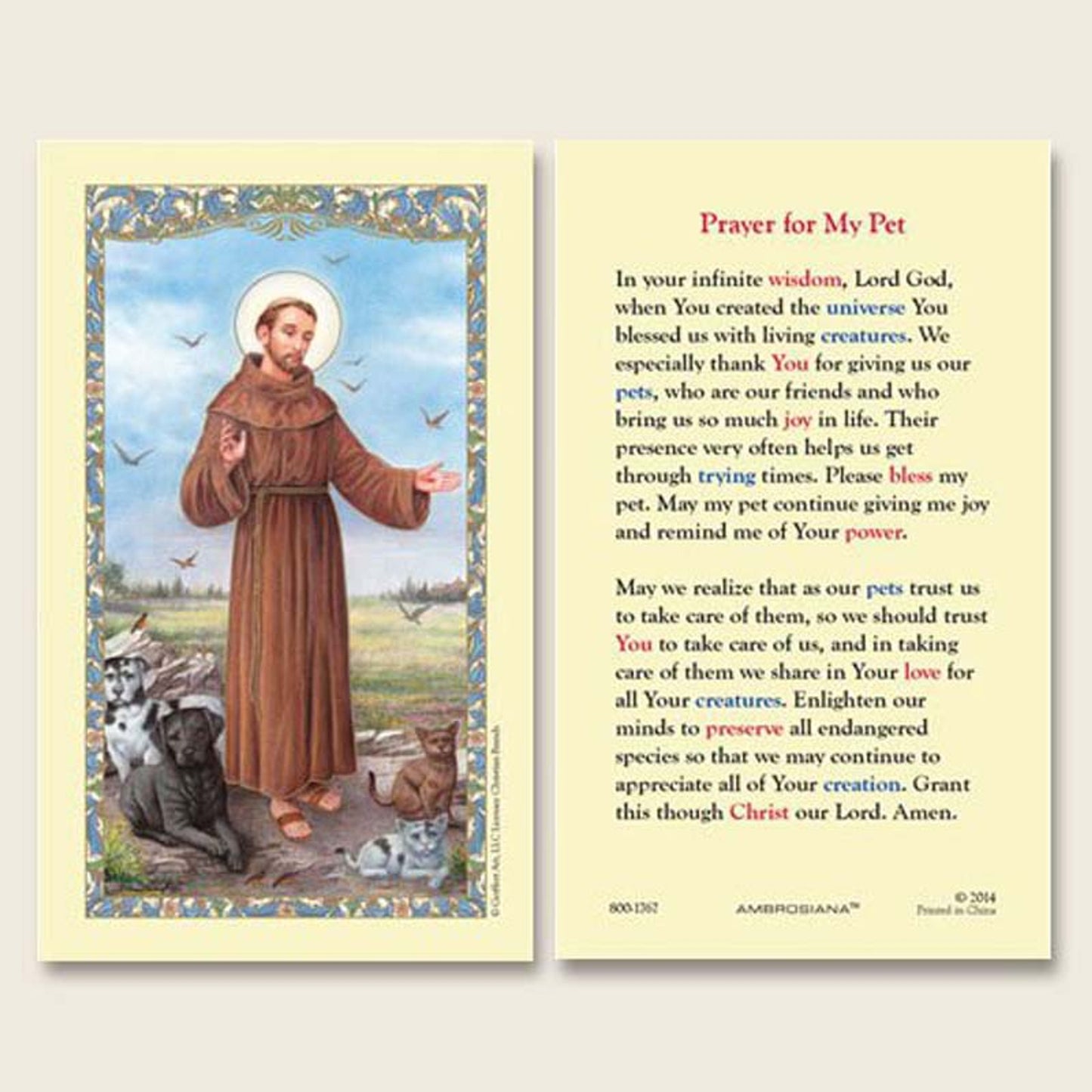 Saint Francis of Assisi Pet Prayers Laminated Holy Card - 25/PK