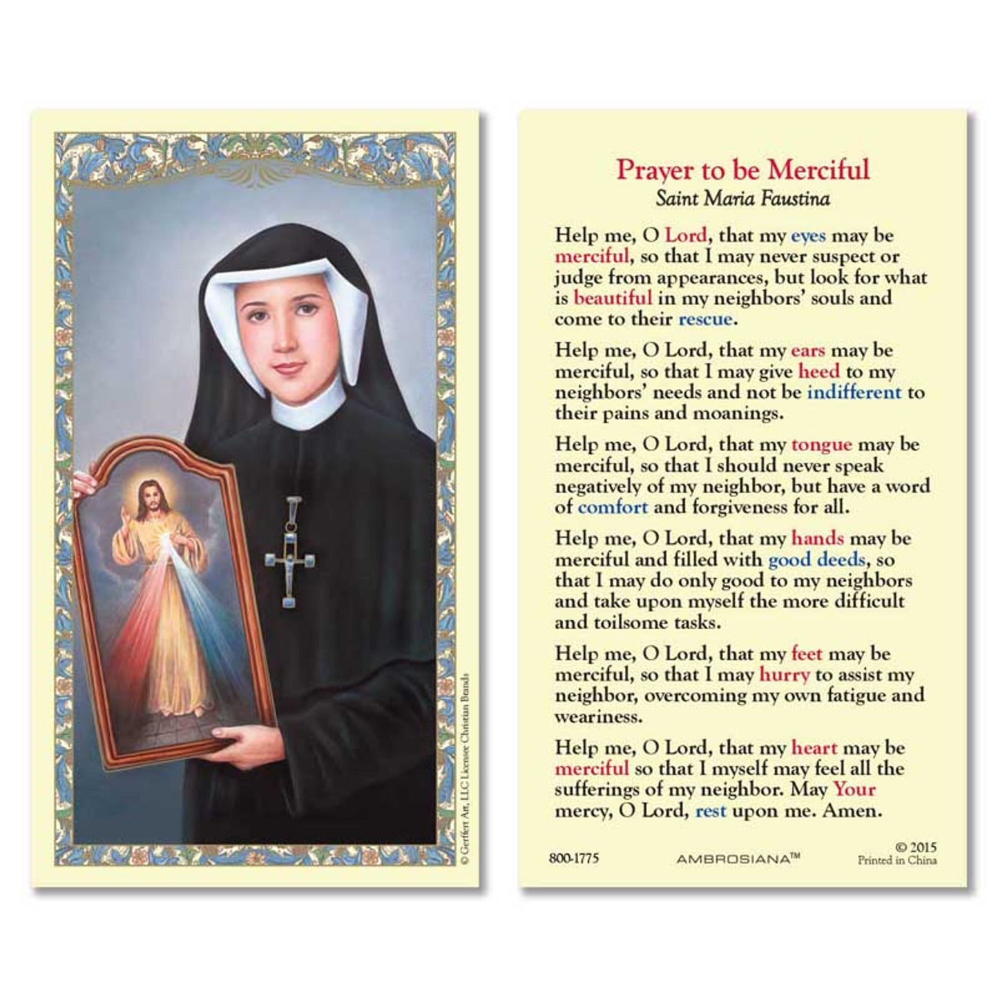 Saint Maria Faustina Prayer Laminated Holy Card - 25/PK