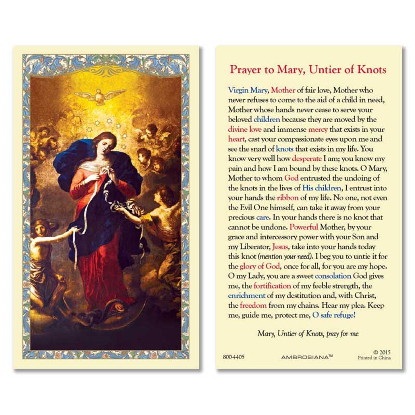Mary, Untier of Knots Laminated Holy Card