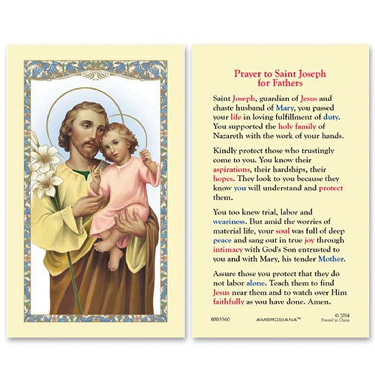 Saint Joseph and Child (Prayer to Saint Joseph For Fathers) Laminated Holy Card - 25/PK