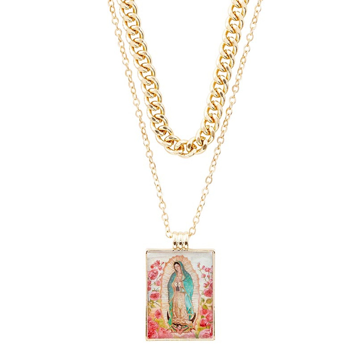 Our Lady Of Guadalupe Gold Double Chain Necklace