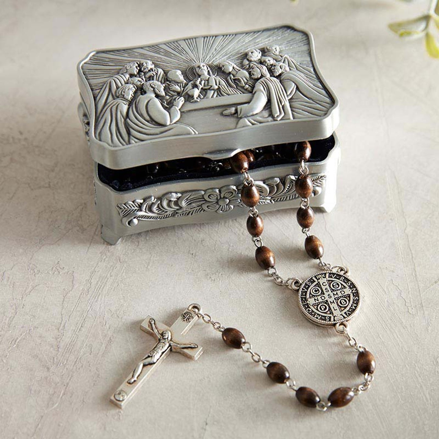 Silver Finish Last Supper Rosary Box