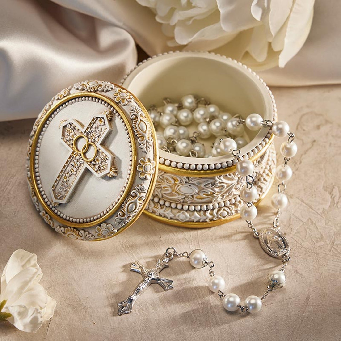 Double-Ring Cross Wedding Rosary Box