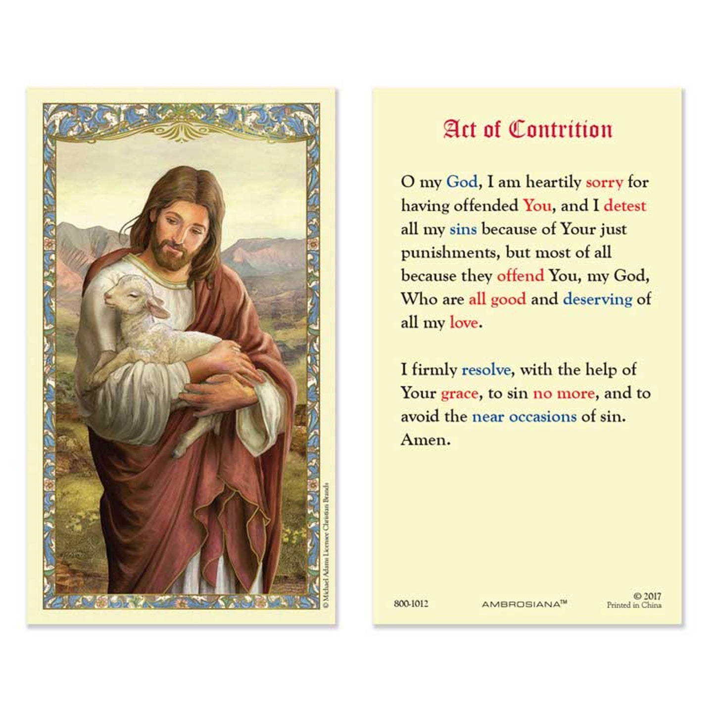 Christ the Good Shepherd - Act of Contrition Holy Card - 25/PK