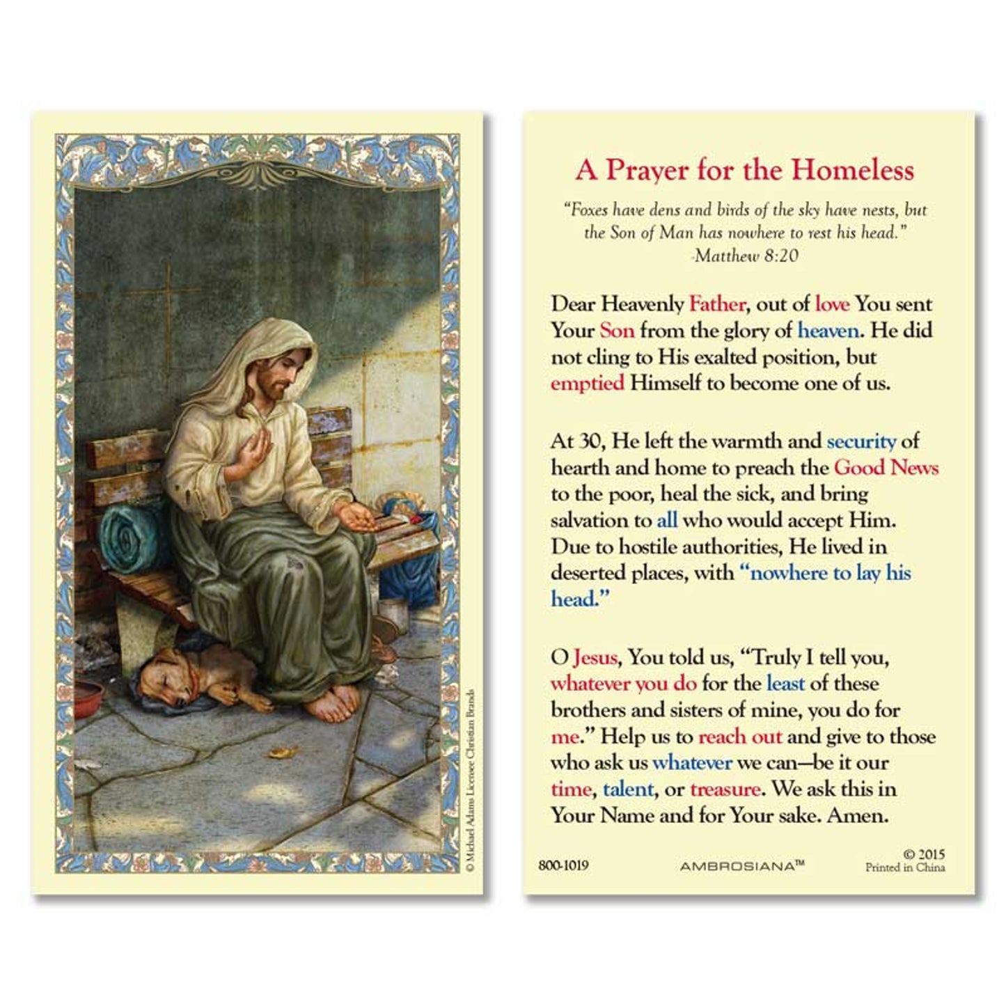 Christ Homeless - A Prayer for the Homeless Laminated Holy Card - 25/PK