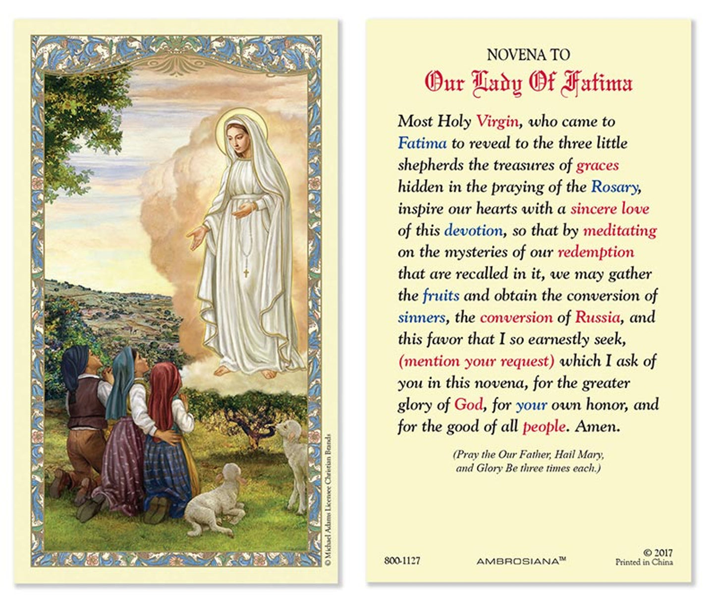 Our Lady of Fatima Laminated Holy Card