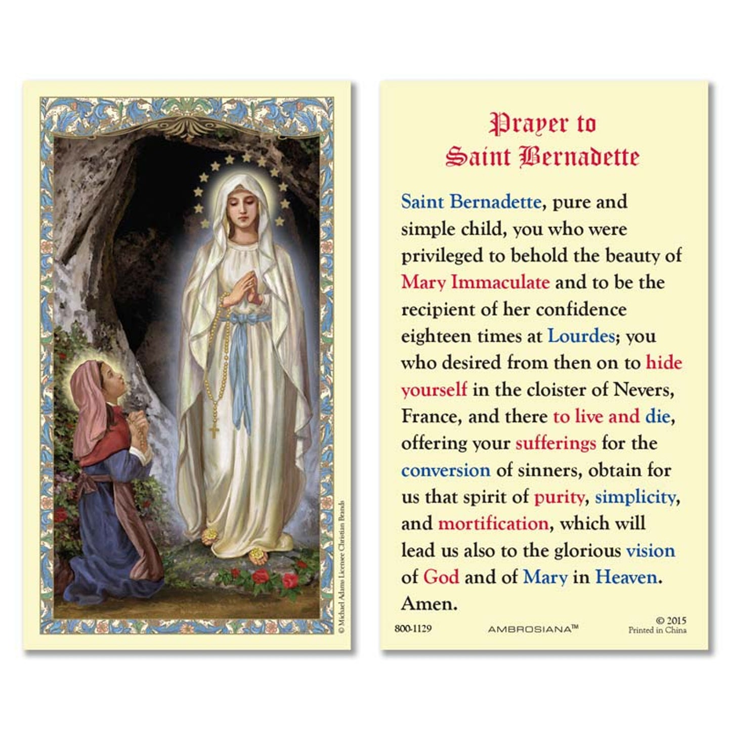 Saint Bernadette Laminated Holy Card - 25/PK