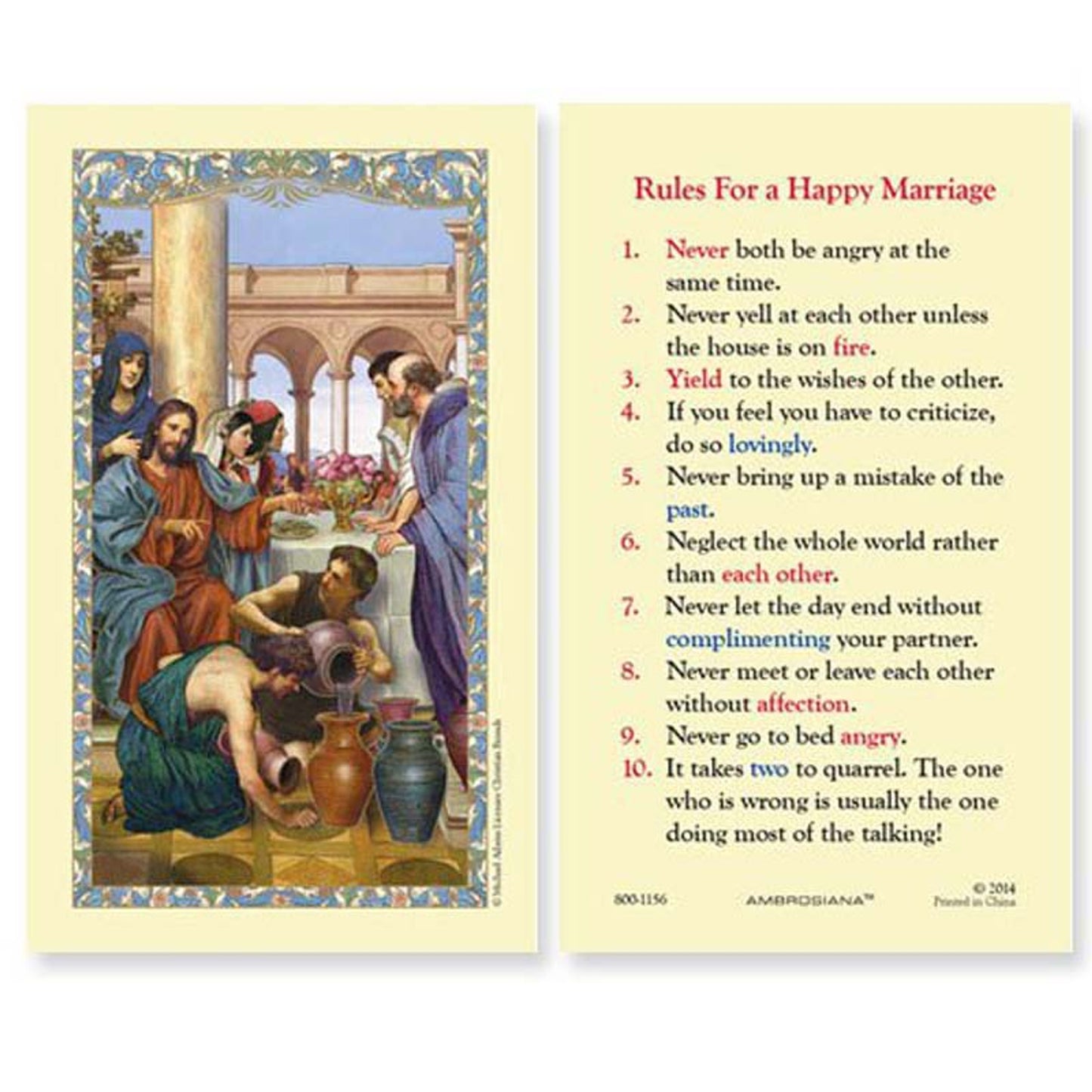 Wedding at Cana (Rules for a Happy Marriage) Laminated Holy Card - 25/PK