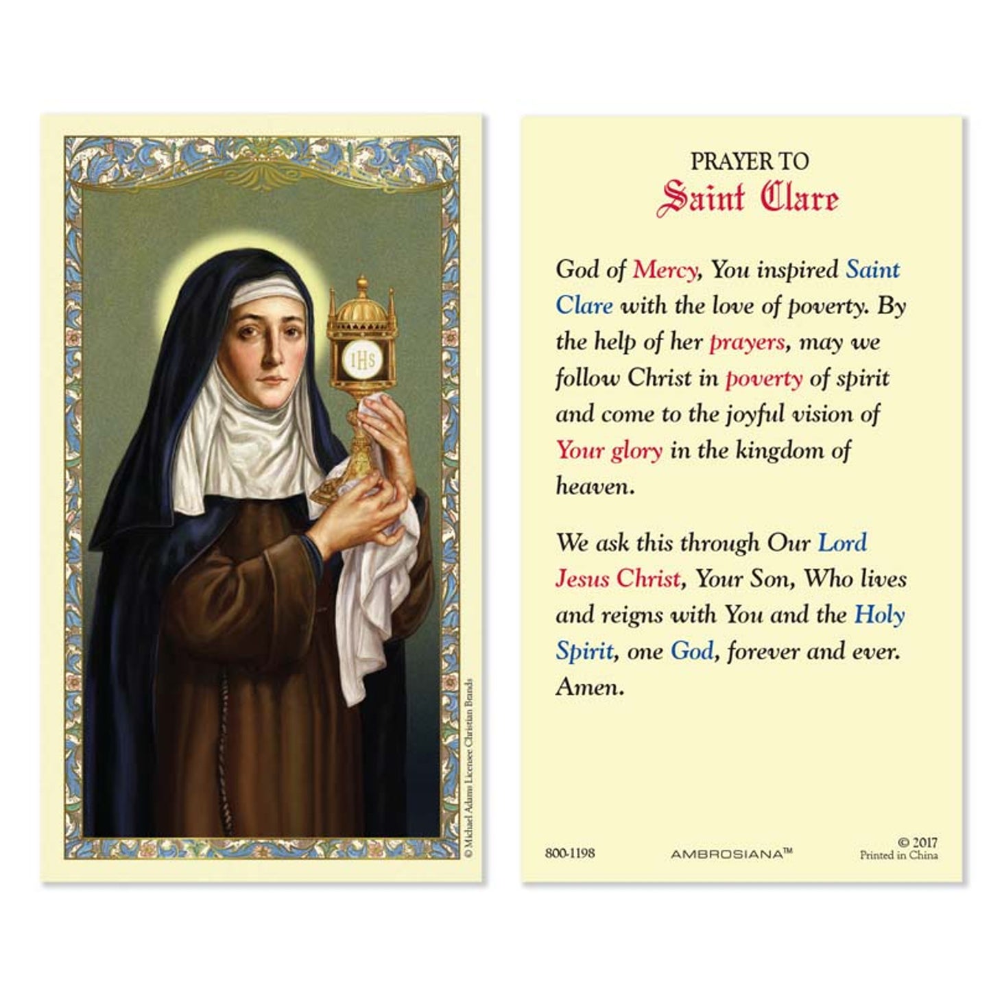 Saint Clare of Assisi Laminated Holy Card - 25/PK