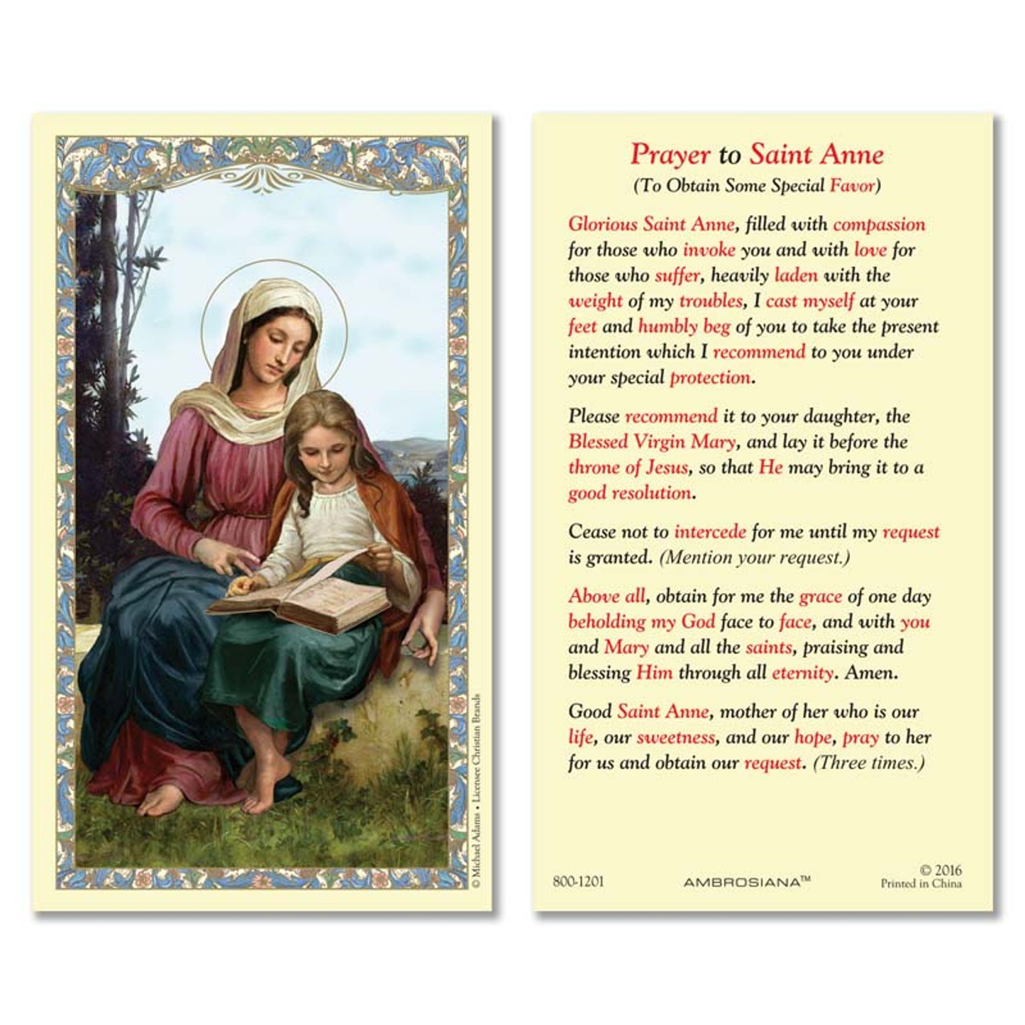 Saint Anne Laminated Holy Card