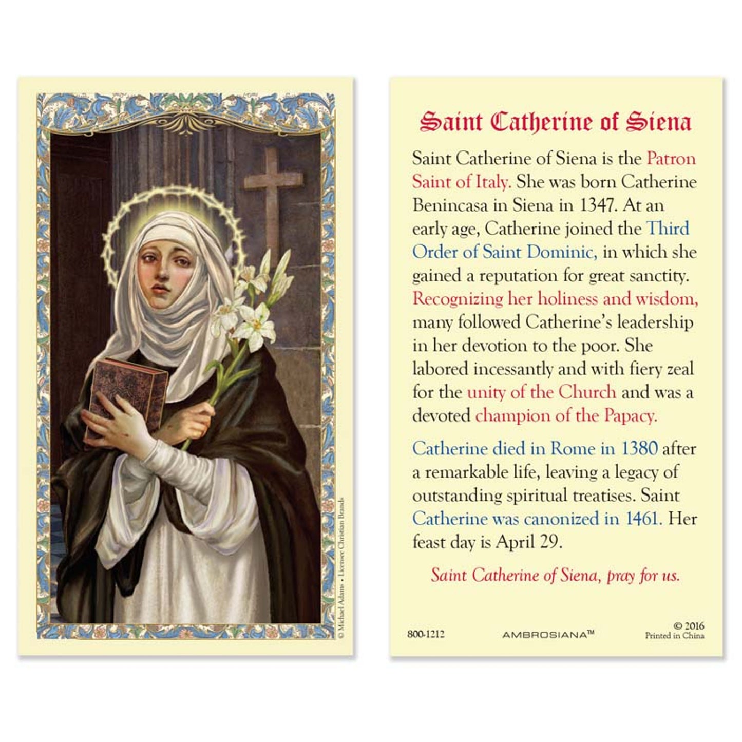 Saint Catherine of Siena Laminated Holy Card - 25/PK