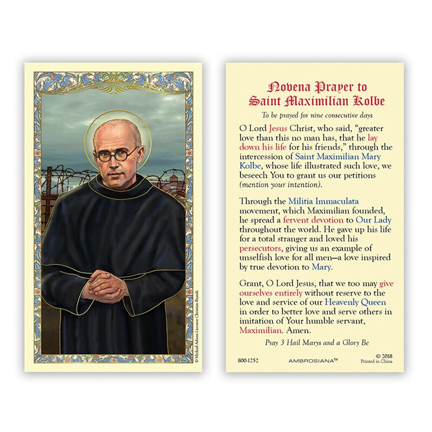 Saint Maximilian Kolbe Prayer Laminated Holy Card - 25/PK