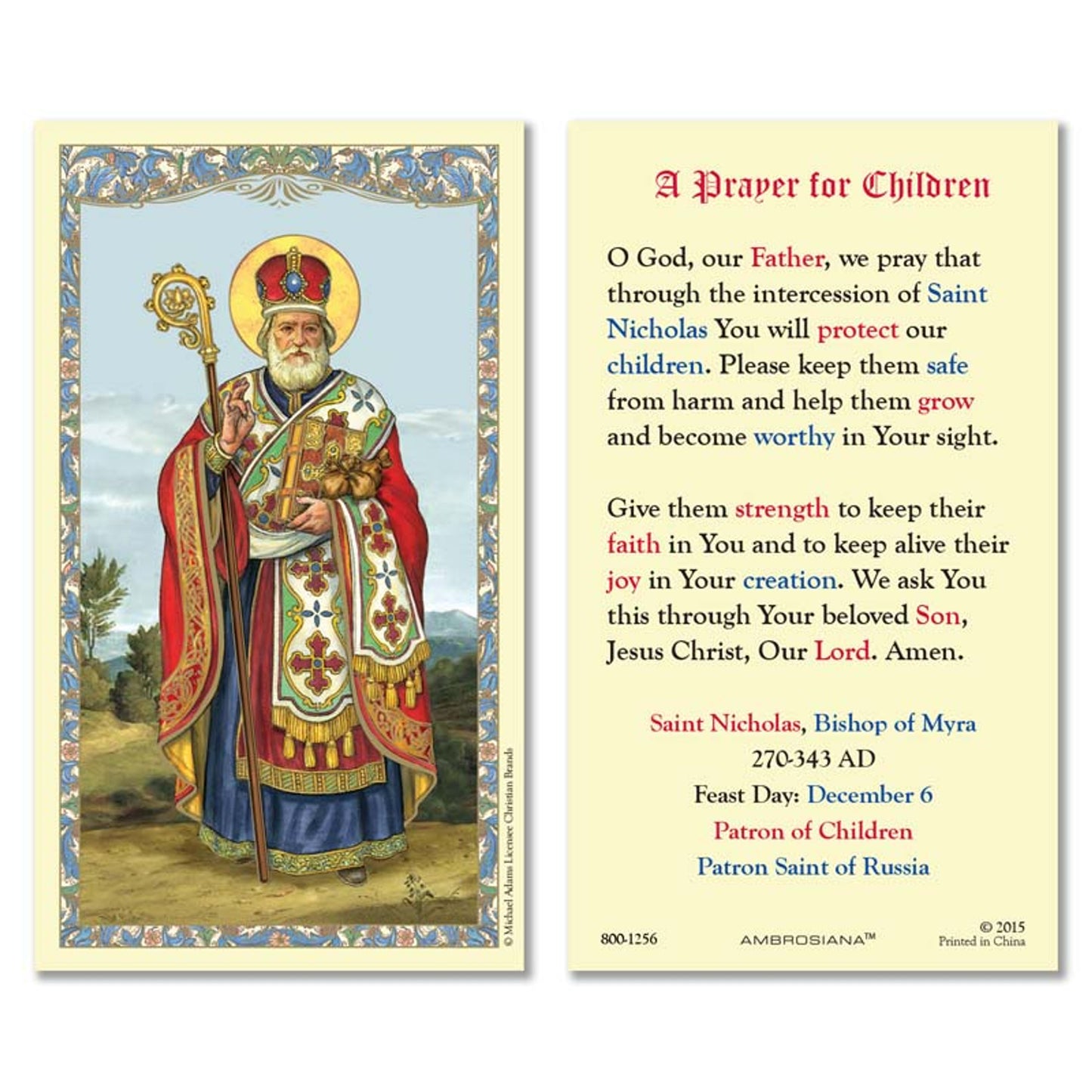 Saint Nicholas Laminated Holy Card