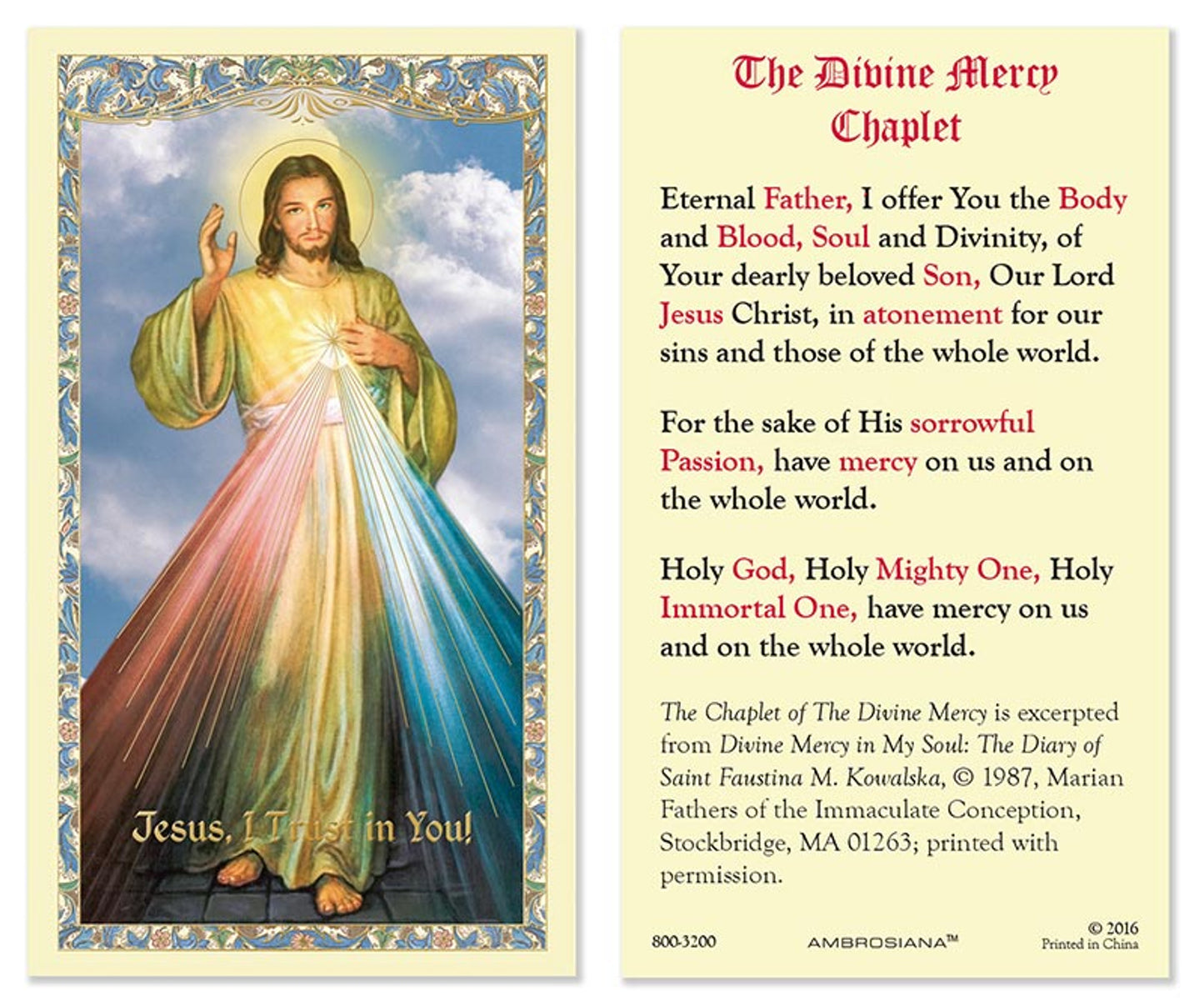 Divine Mercy Laminated Holy Card - 25/PK