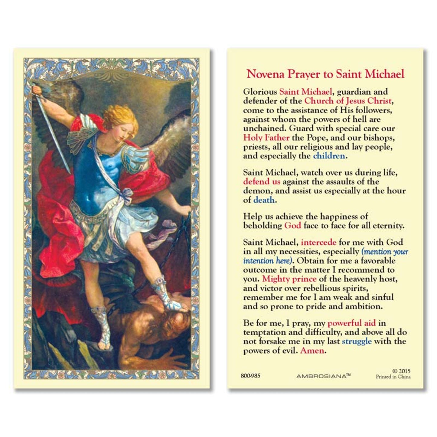 Saint Michael (Reni) Laminated Holy Card