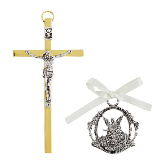Crucifix with Guardian Angel Crib Medal Set
