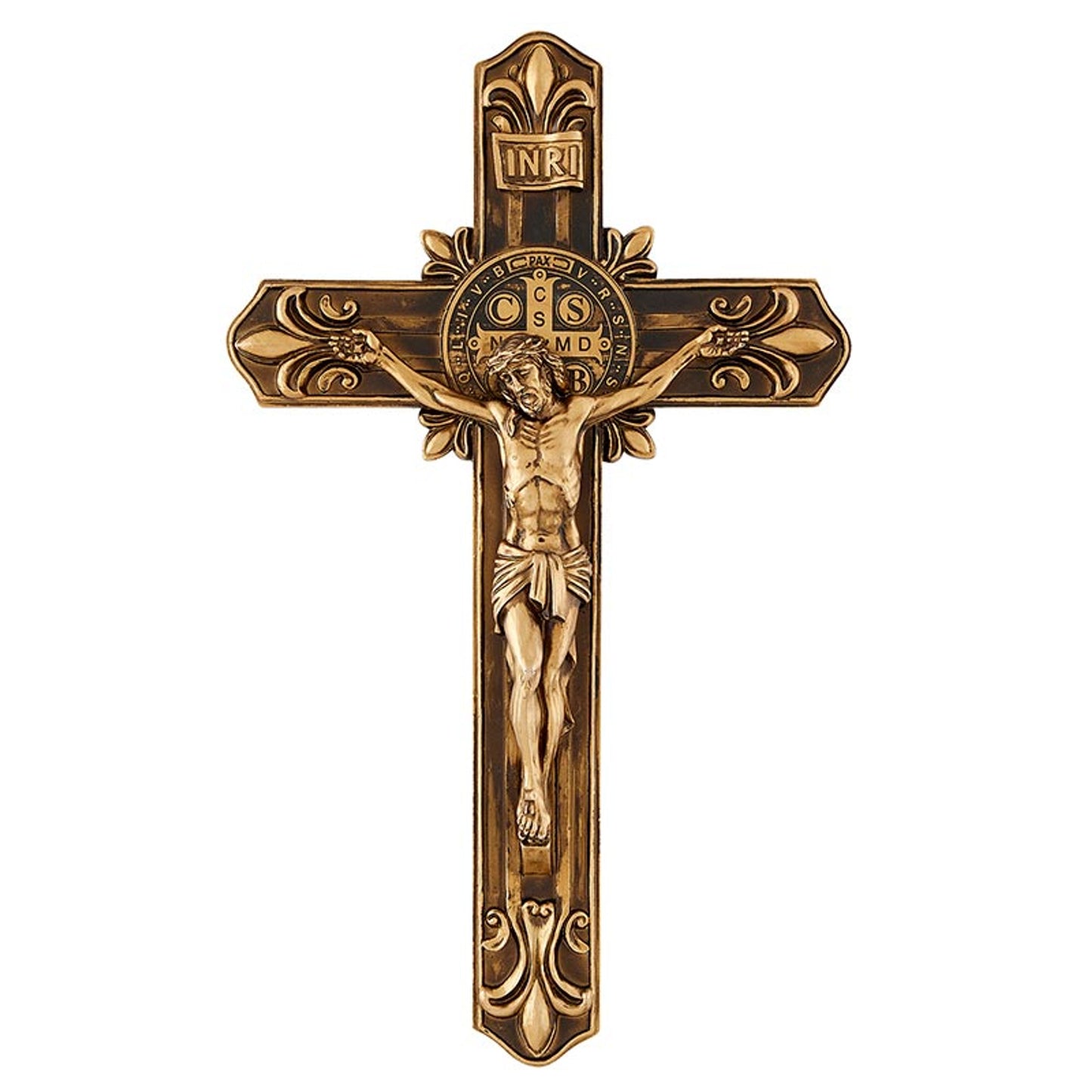 12.5" H Saint Benedict Antique Gold Fleur-De-Lis Wall Crucifix