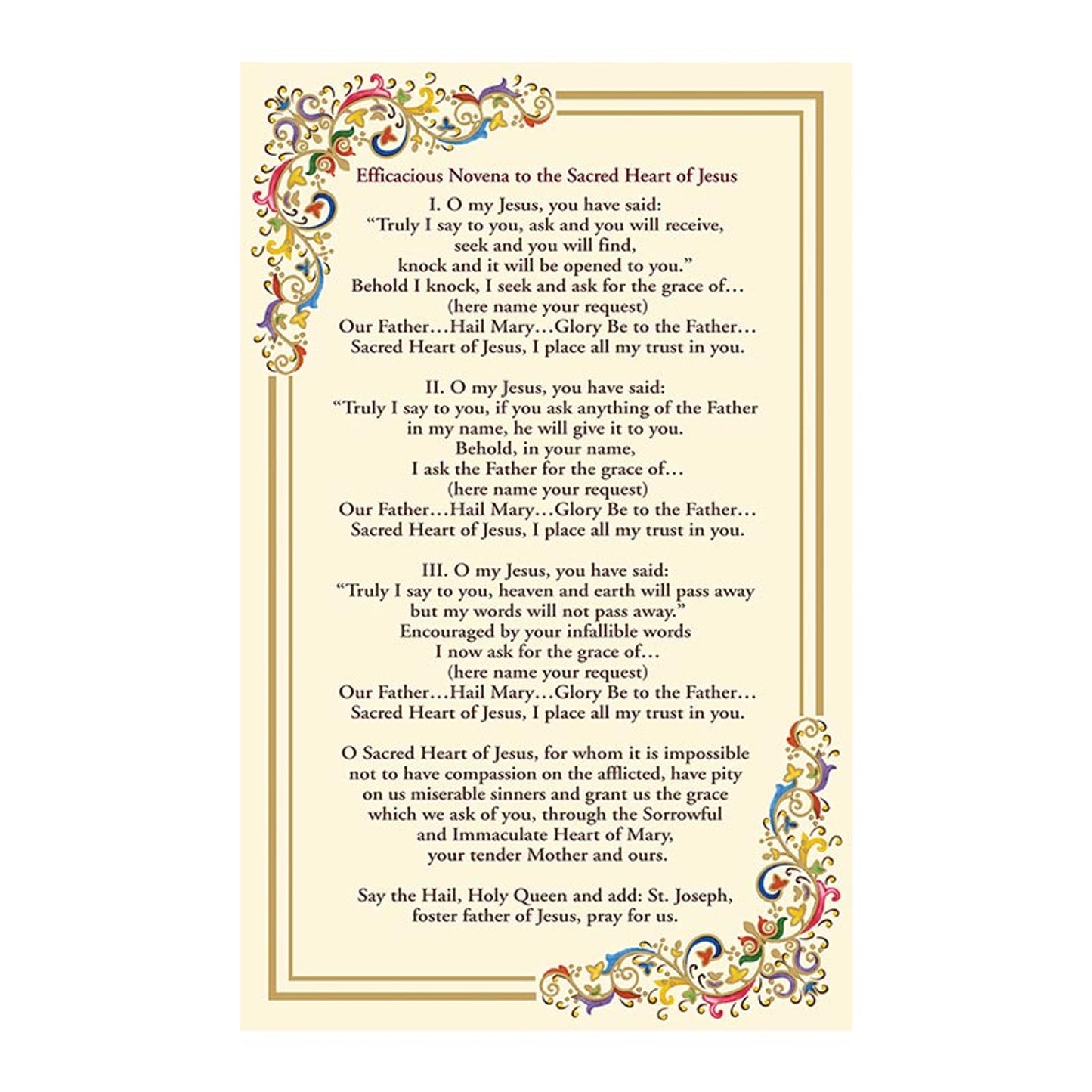 Sacred Heart Novena Florentine Holy Card - 25/PK